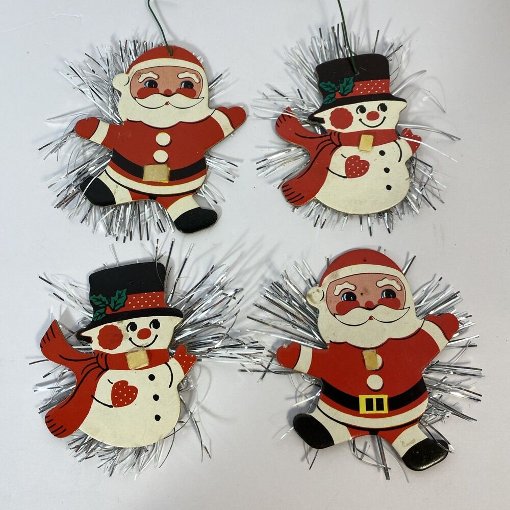 Vintage Santa Snowmen Cardboard Tinsel Ornaments Lot of 4 MCM